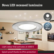 Nova LED recessed luminaire in silver metal with neutral white light and IP44 splash-proof protection
