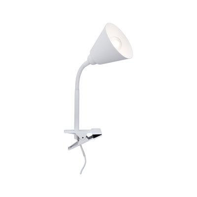 White clip lamp with flexible neck made of plastic for versatile lighting in workspaces