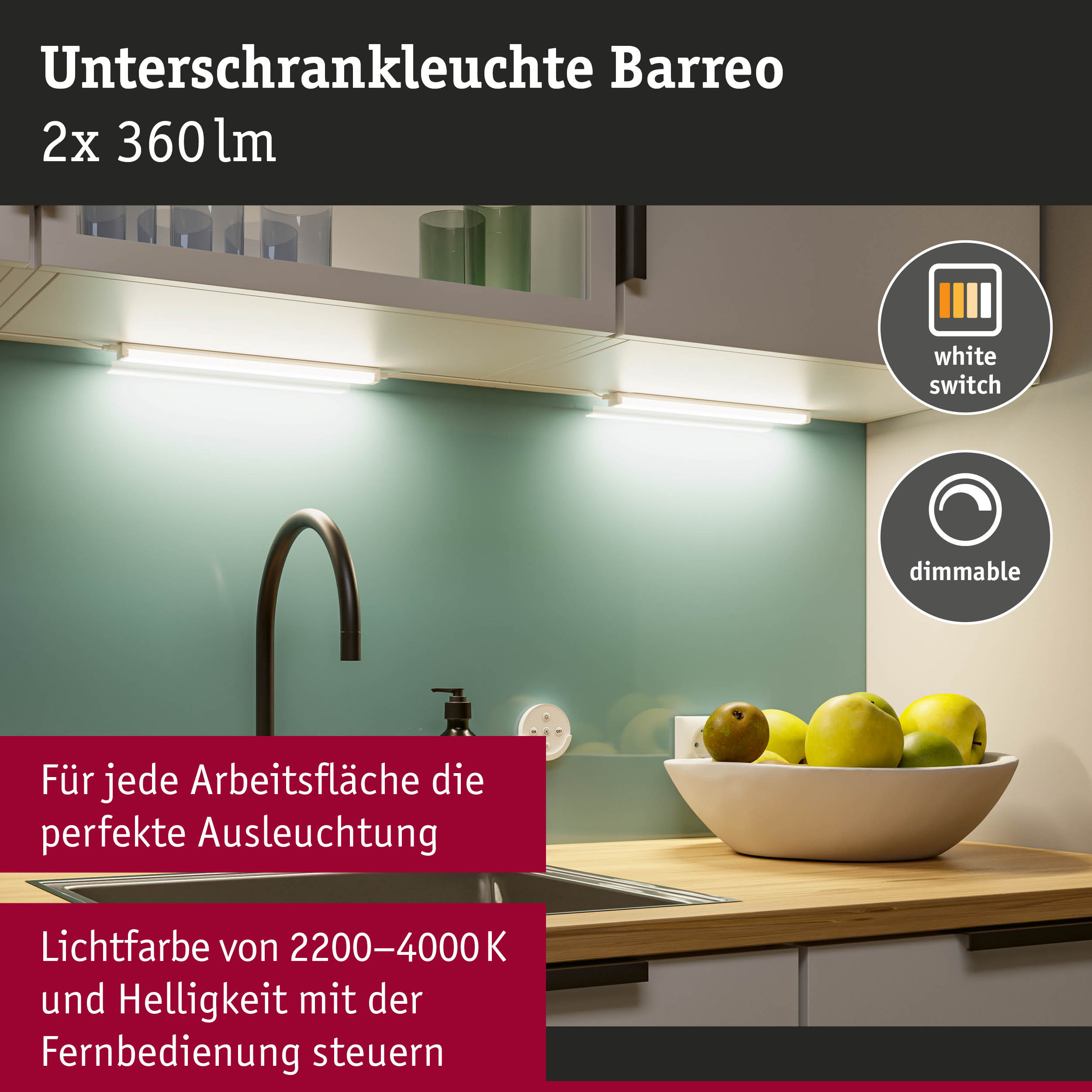 Unterschrankleuchte Barreo in Weiß mit dimmbarer LED-Beleuchtung und Fernbedienung für Küchenarbeitsflächen