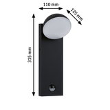 Black metal LED wall light with motion sensor and white diffuser, dimensions 315x110x125 mm