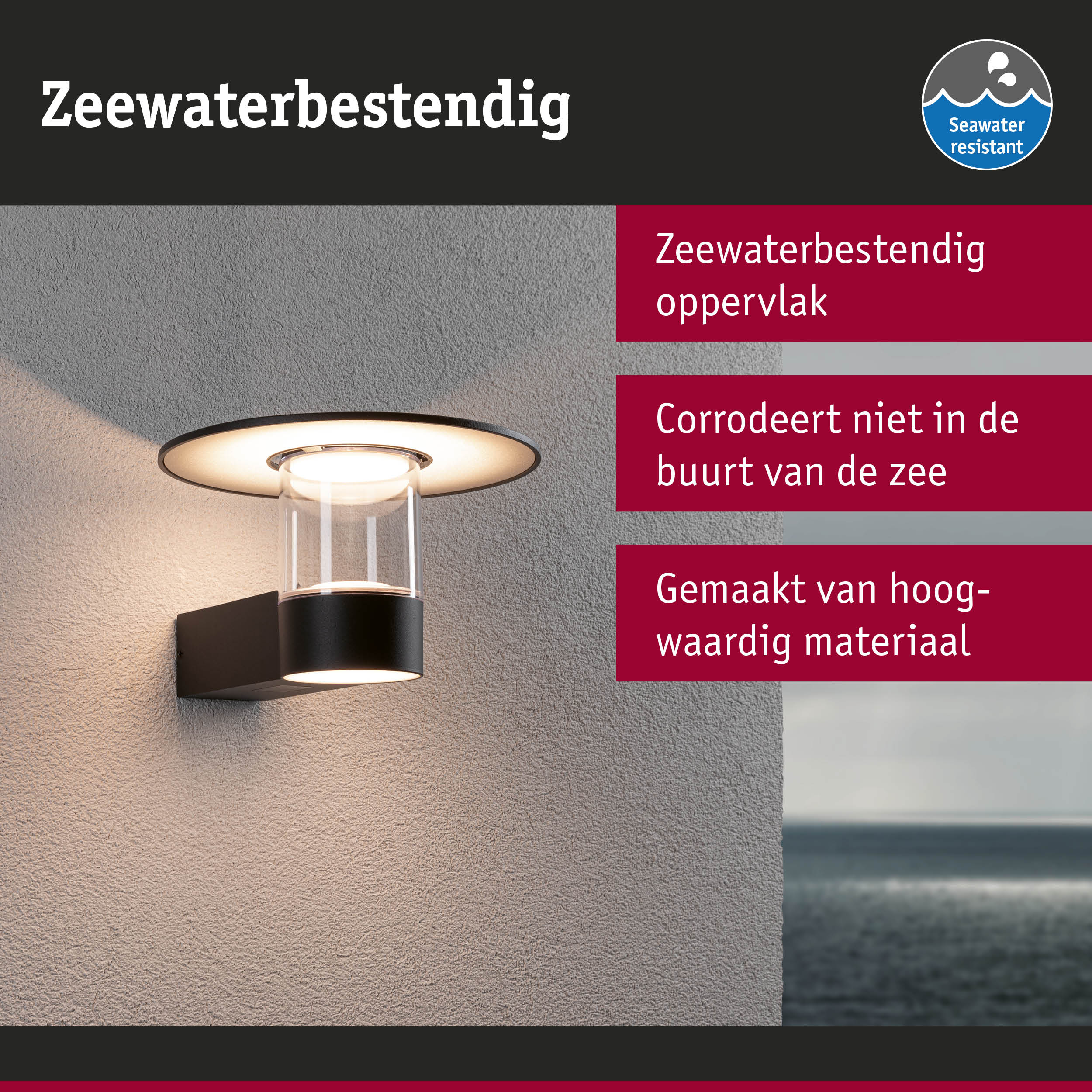 Zwarte buitenwandlamp met zeewaterbestendig materiaal, geschikt voor kustgebieden