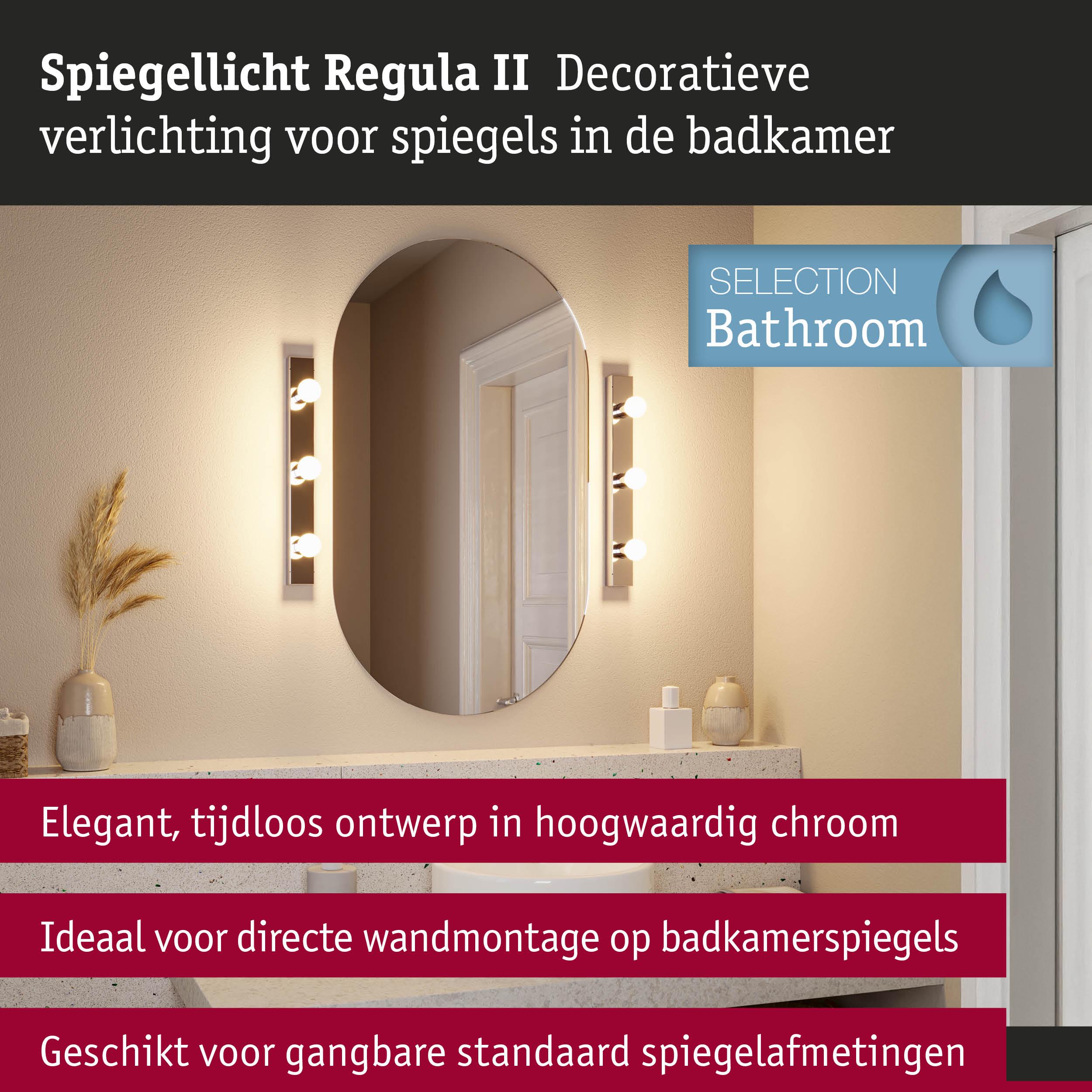 Spiegellicht Regula II in hoogwaardig chroom voor badkamer spiegels met tijdloos design en wandmontage