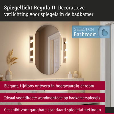 Spiegellicht Regula II in hoogwaardig chroom voor badkamer spiegels met tijdloos design en wandmontage