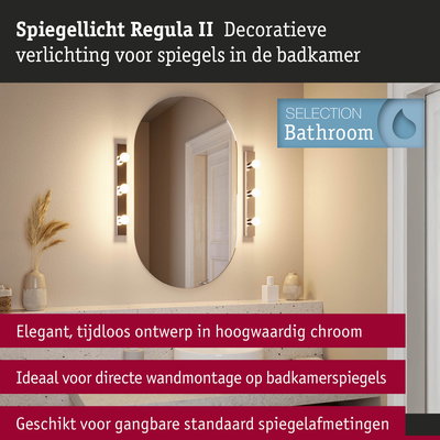 Spiegellicht Regula II in hoogwaardig chroom voor badkamer spiegels met tijdloos design en wandmontage