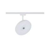 Round white metal LED spotlight on track system for modern indoor lighting solutions