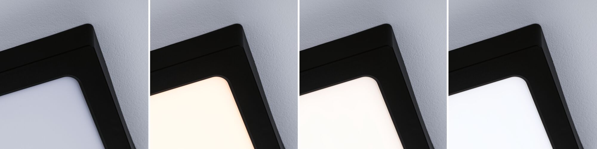 Vier Detailansichten einer schwarzen LED-Deckenleuchte mit variabler Lichtfarbe und weißem Diffusor
