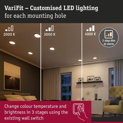 VariFit LED ceiling lights with adjustable colour temperature 2000K to 4000K and dimming via wall switch