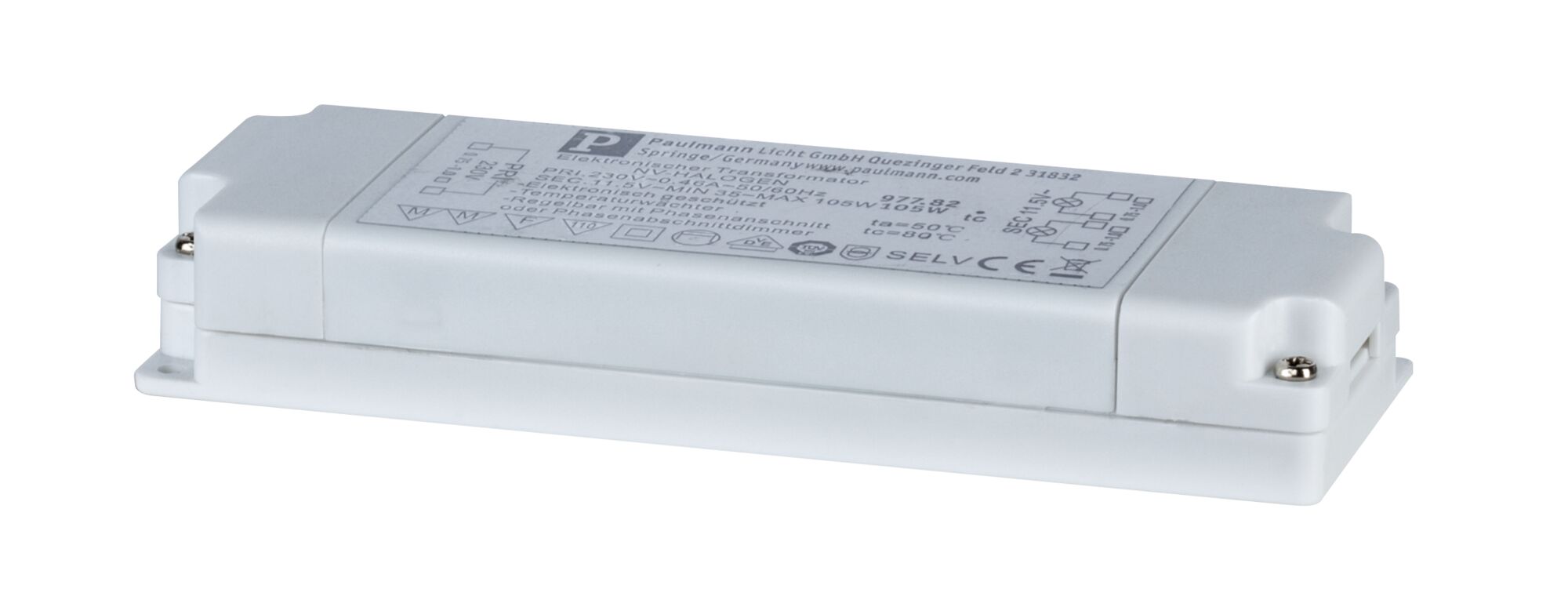 Weißer elektronischer Transformator aus Kunststoff für LED-Beleuchtung mit Schutzart SELV.
