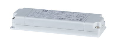 Weißer elektronischer Transformator aus Kunststoff für LED-Beleuchtung mit Schutzart SELV.