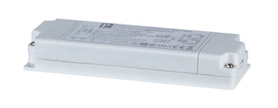 White electronic transformer in plastic housing for LED lighting with SELV safety rating.
