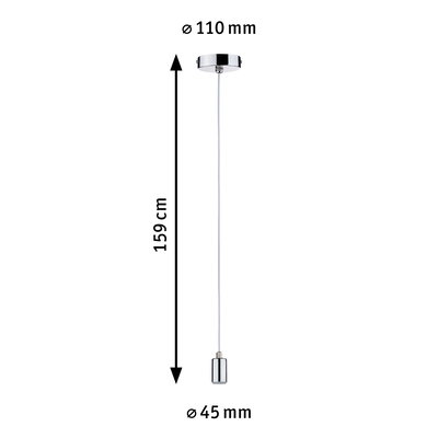 Chrome pendant light holder with 159 cm cable and 45 mm diameter for LED bulbs