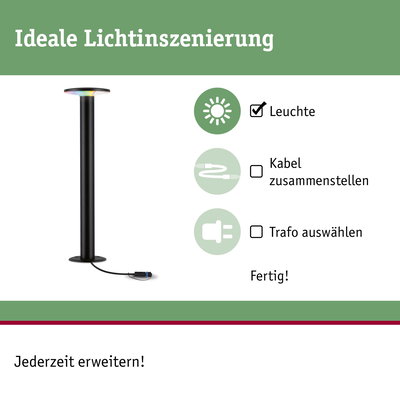 Schwarze LED-Stehleuchte mit integriertem Kabel für einfache Lichtinszenierung und flexible Erweiterung