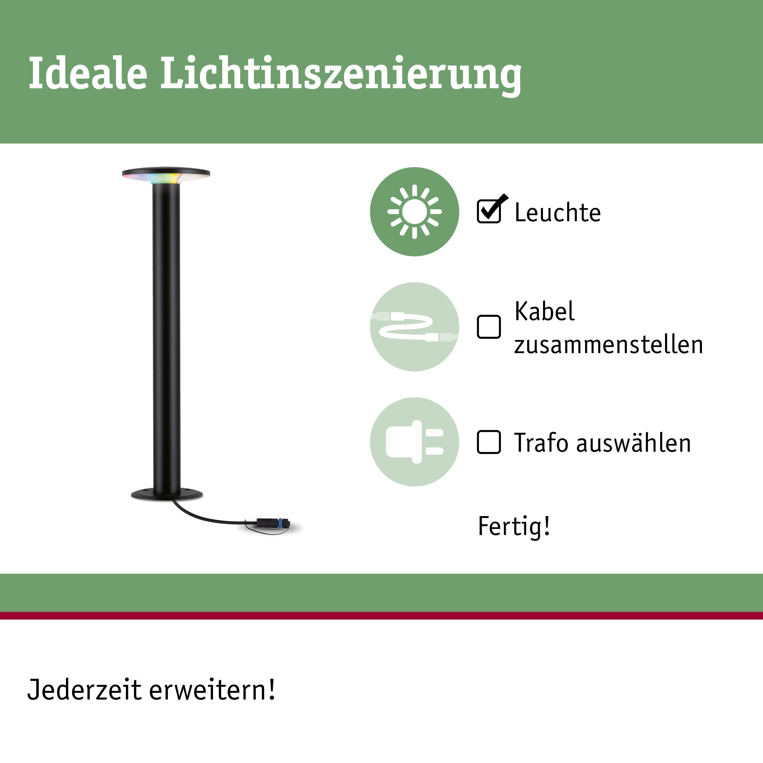Schwarze LED-Außenleuchte mit integriertem Kabel und Stecker für flexible Gartenbeleuchtung