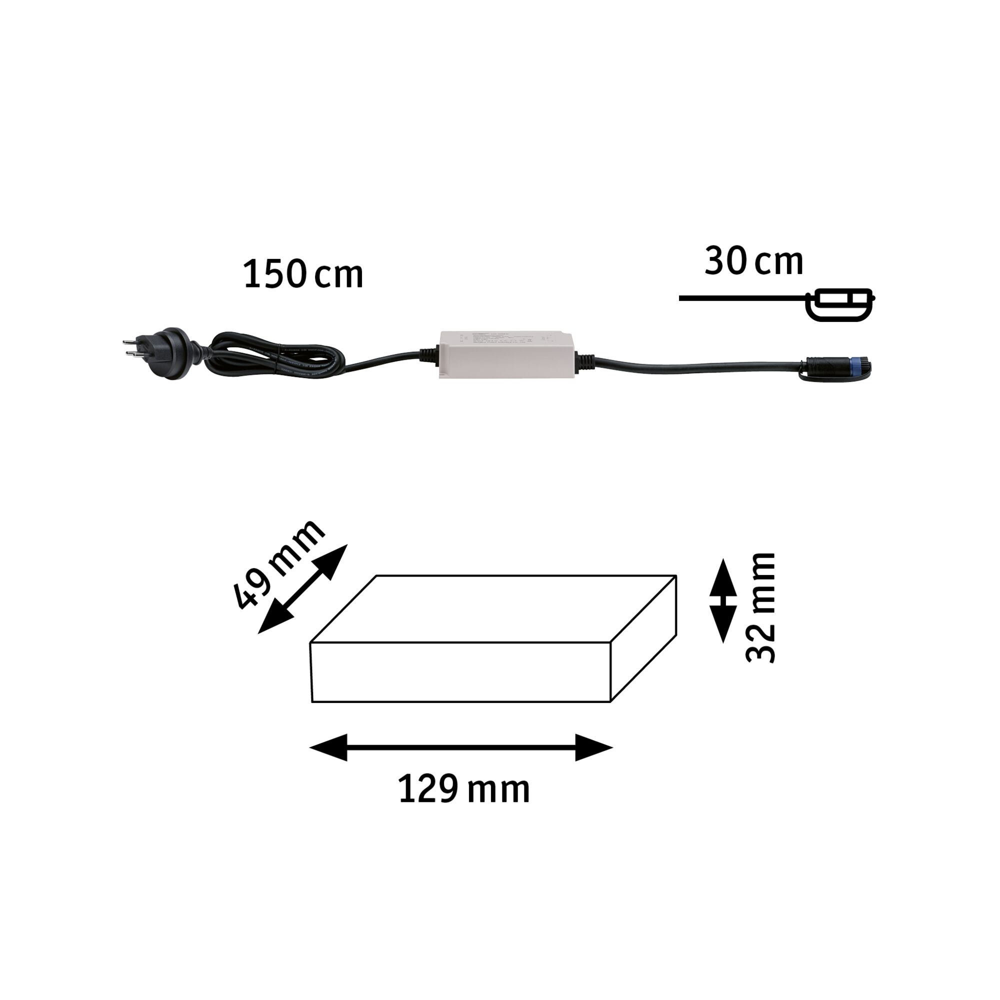 Elektrisches Anschlusskabel mit weißem Steuergerät und Maßen 129x49x32 mm für LED-Beleuchtung