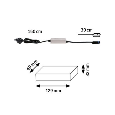 Elektrisches Anschlusskabel mit weißem Steuergerät und Maßen 129x49x32 mm für LED-Beleuchtung