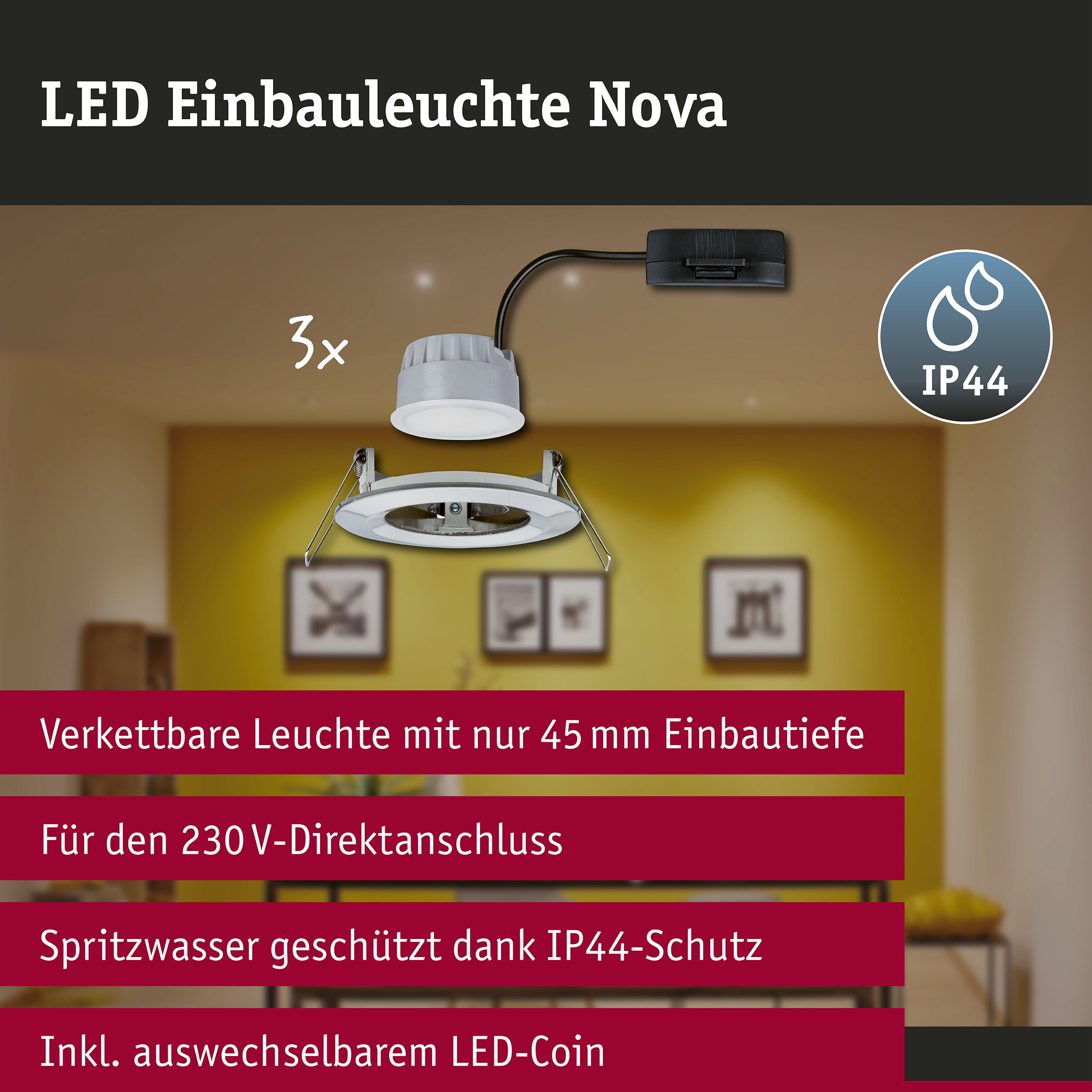 LED Einbauleuchte 3-Step-Dim Nova Coin Basisset starr IP44 rund 78mm Coin 3x6W 3x470lm 230V dimmbar 2700K Eisen gebürstet