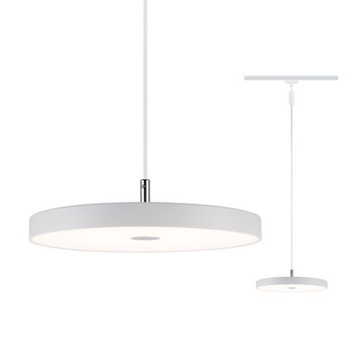 Runde weiße LED-Pendelleuchte aus Metall mit diffuser Lichtfläche für moderne Innenräume