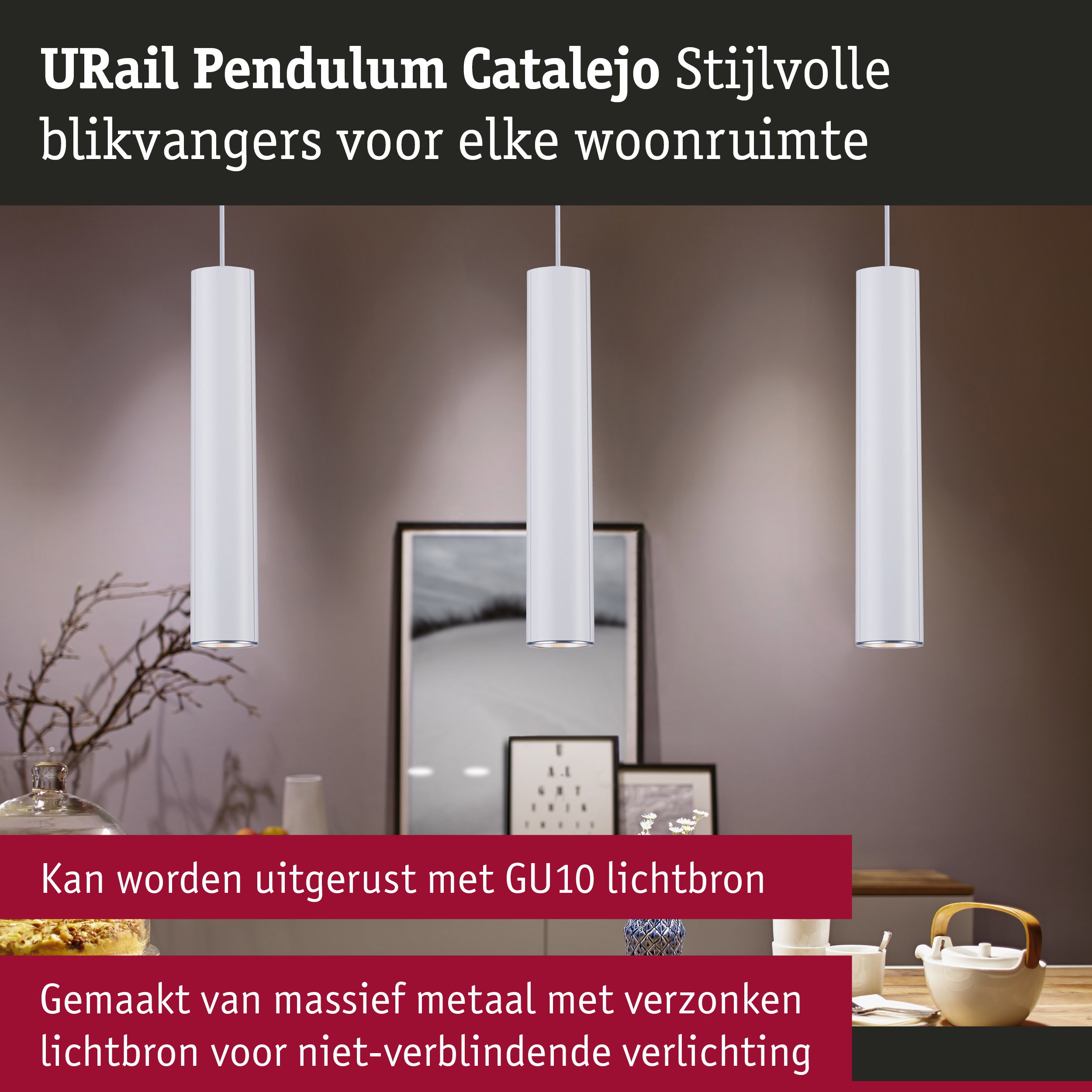 Drie witte metalen pendelverlichting met GU10 lichtbron voor niet-verblindende verlichting in woonruimtes
