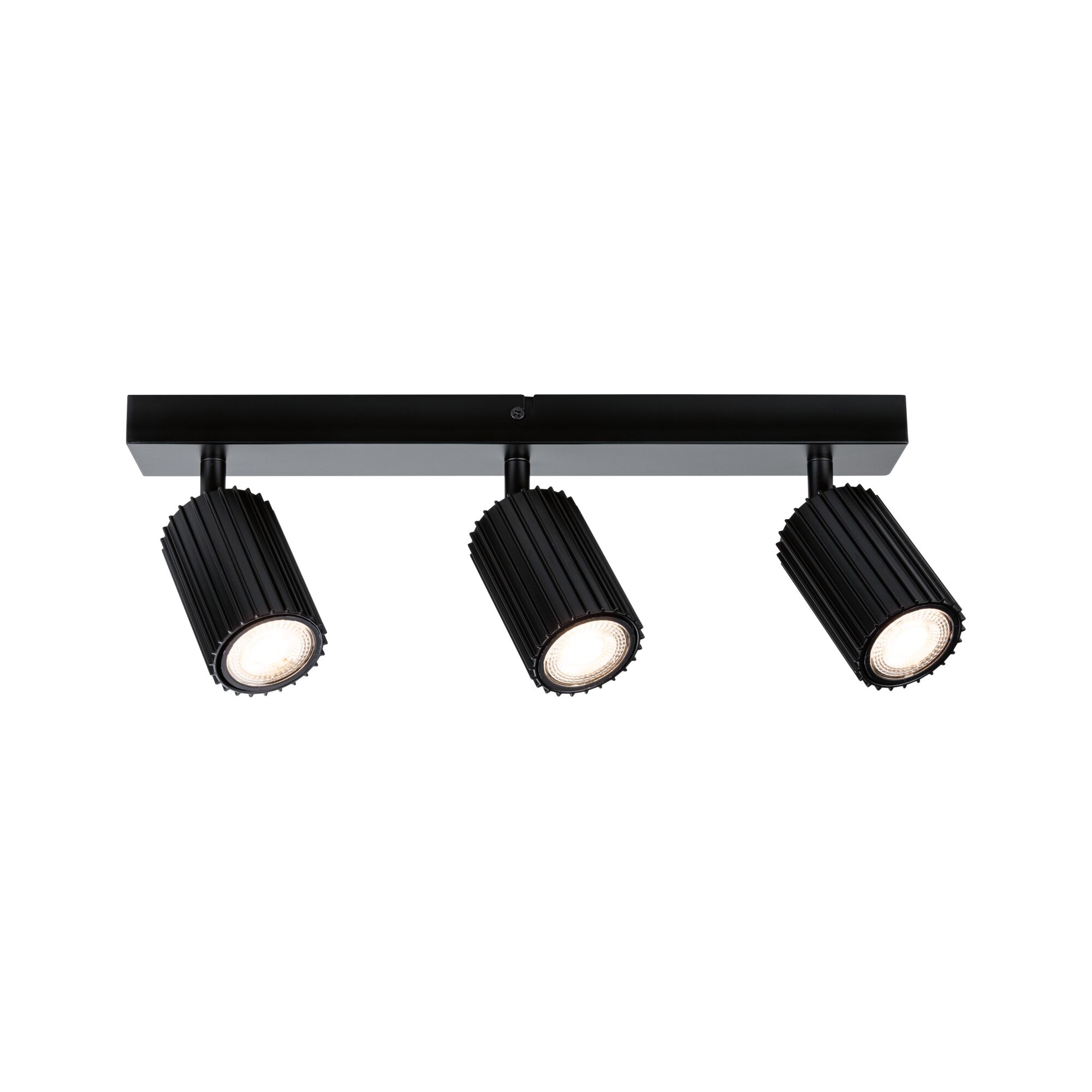Three-light black LED ceiling spotlight in aluminium with adjustable heads for focused lighting
