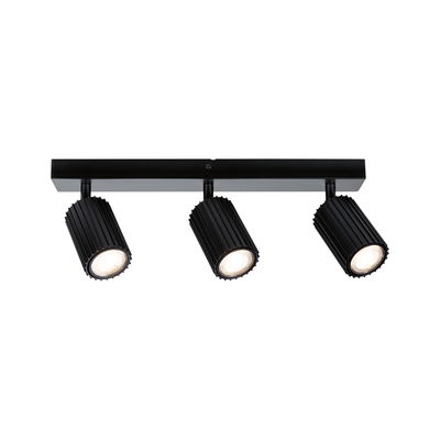 Three-light black LED ceiling spotlight in aluminium with adjustable heads for focused lighting