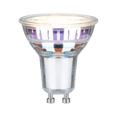 Clear GU10 LED bulb made of glass with two-pin base for energy-efficient lighting