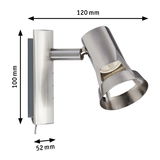 Modern LED wall spotlight in brushed stainless steel with adjustable head and dimensions shown.