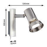 Spot mural LED moderne en acier inoxydable brossé avec tête réglable et dimensions indiquées.