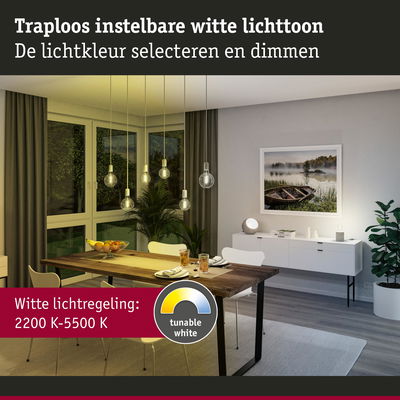 Moderne eetkamer met dimbare witte LED-lampen en instelbaar wit licht van 2200K tot 5500K