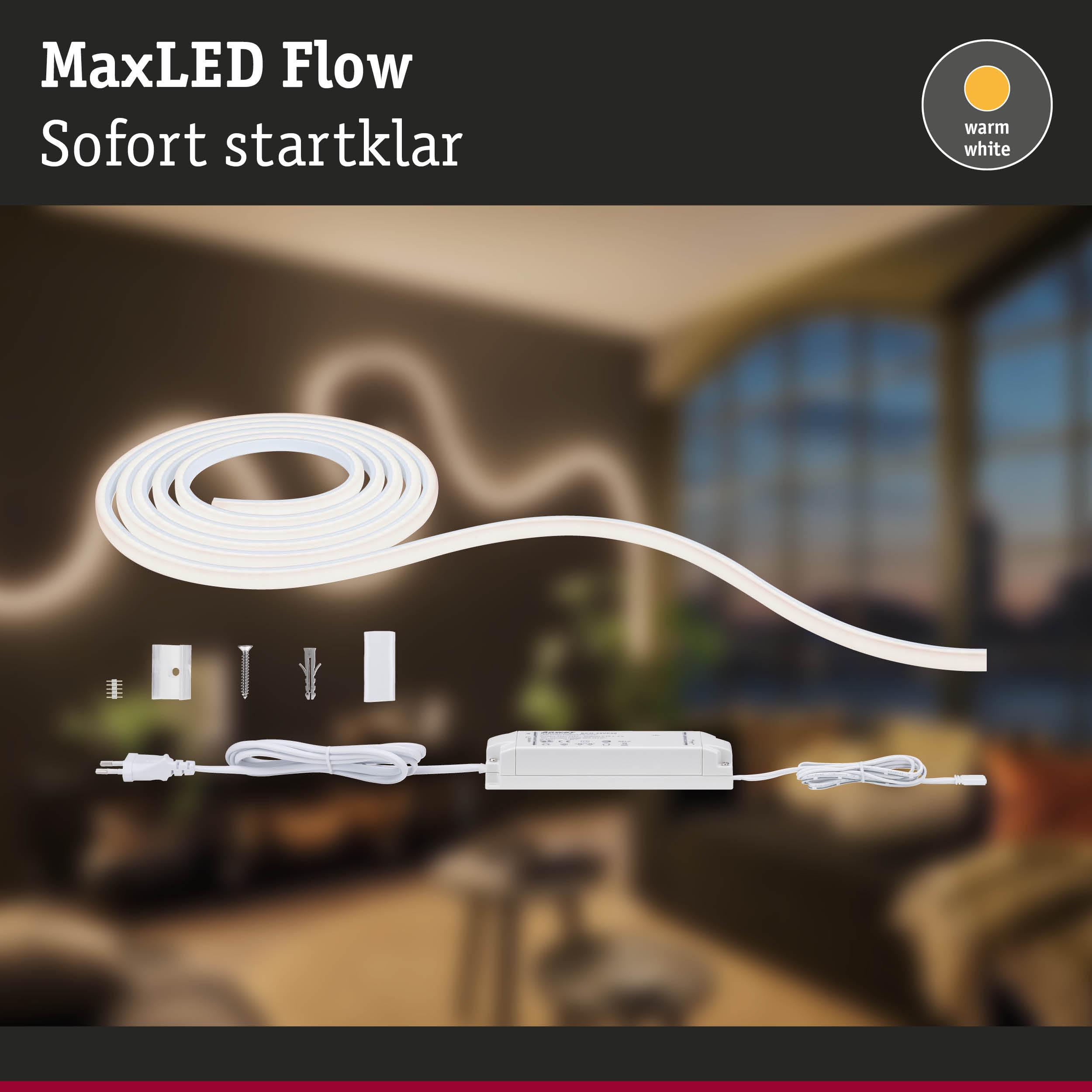 MaxLED Flow LED-Lichtband in warmweiß mit Netzteil und Montagematerial für flexible Raumbeleuchtung