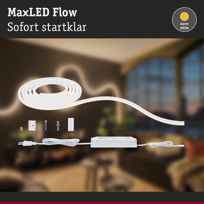 MaxLED Flow LED-Lichtband in warmweiß mit Netzteil und Montagematerial für flexible Raumbeleuchtung