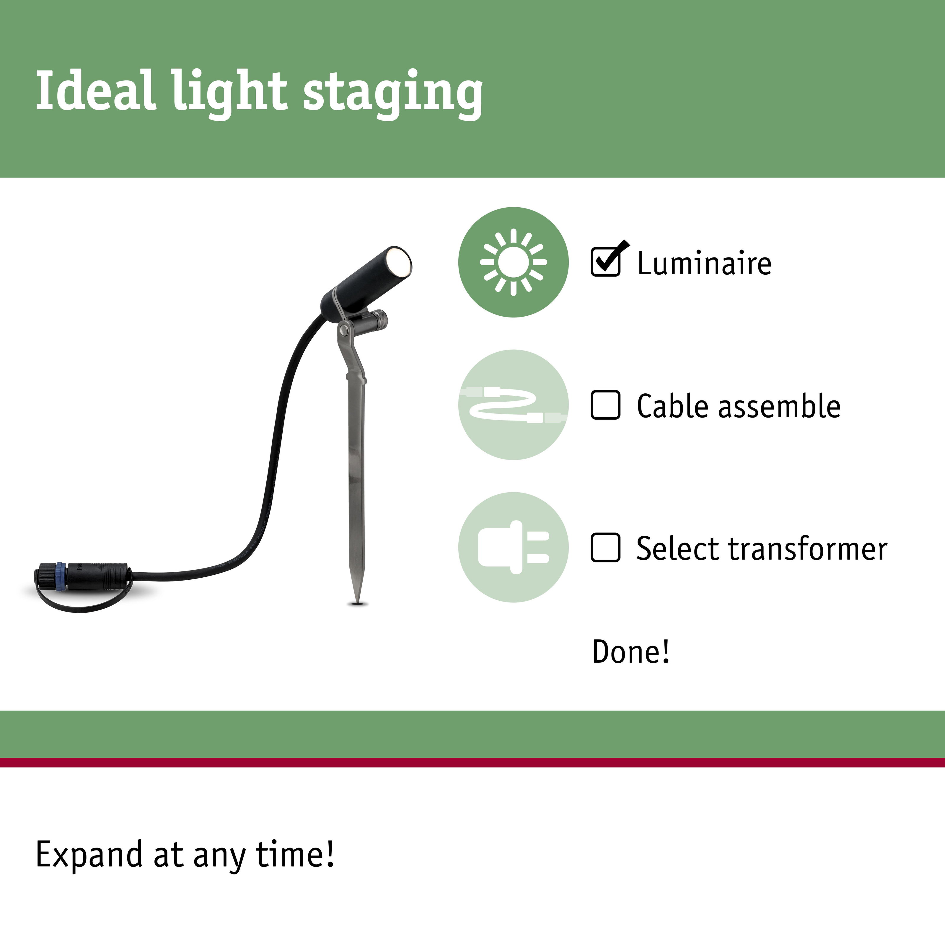 Black LED outdoor spotlight with ground spike and cable for garden lighting and light staging