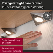 Triangular stainless steel base with PIR sensor for contactless switching and hygienic use