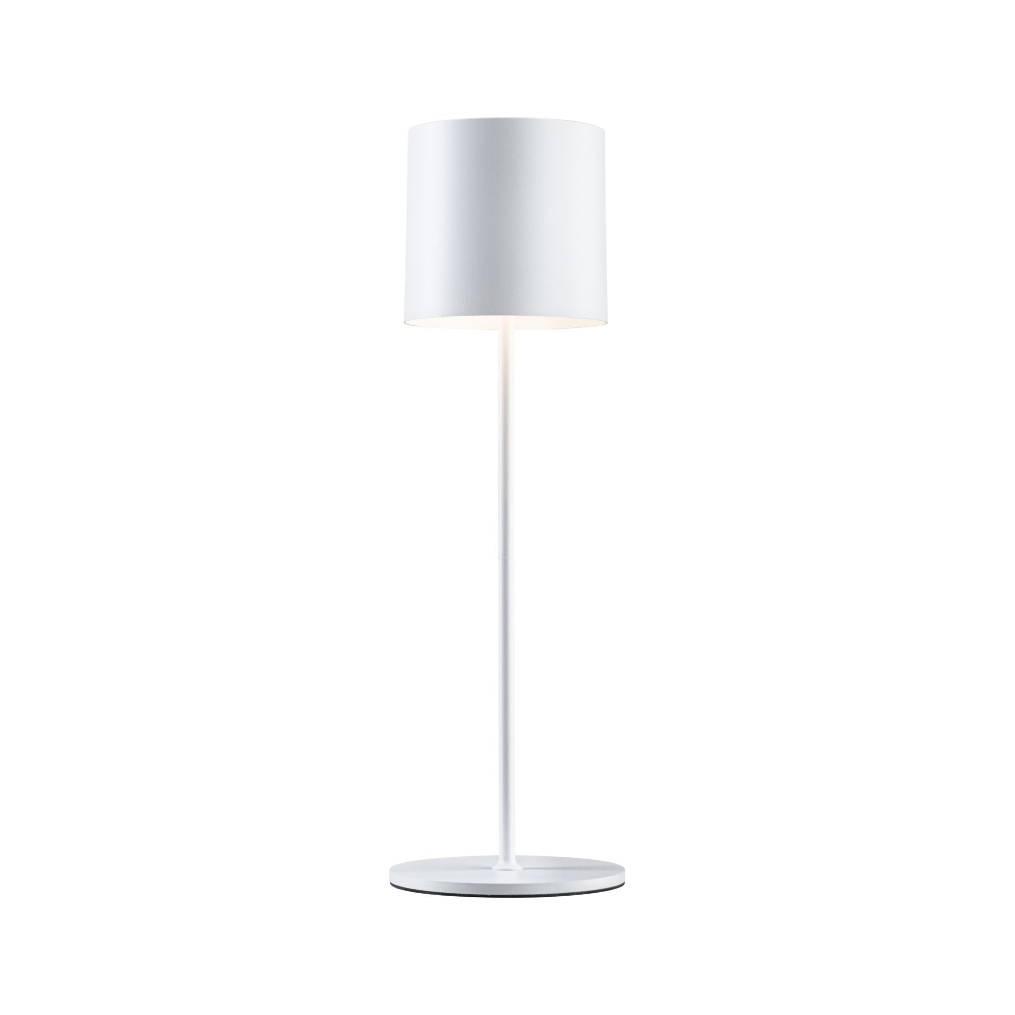 Modern white metal table lamp with round shade and stable base for living spaces