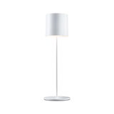 Modern white metal table lamp with round shade and stable base for living spaces