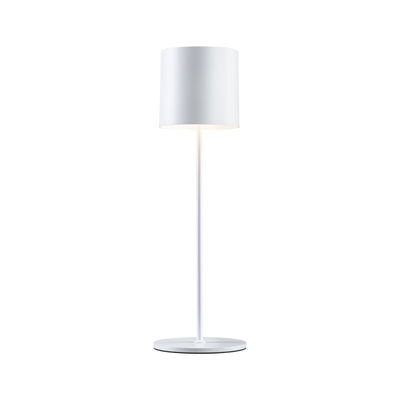 Modern white metal table lamp with round shade and stable base for living spaces