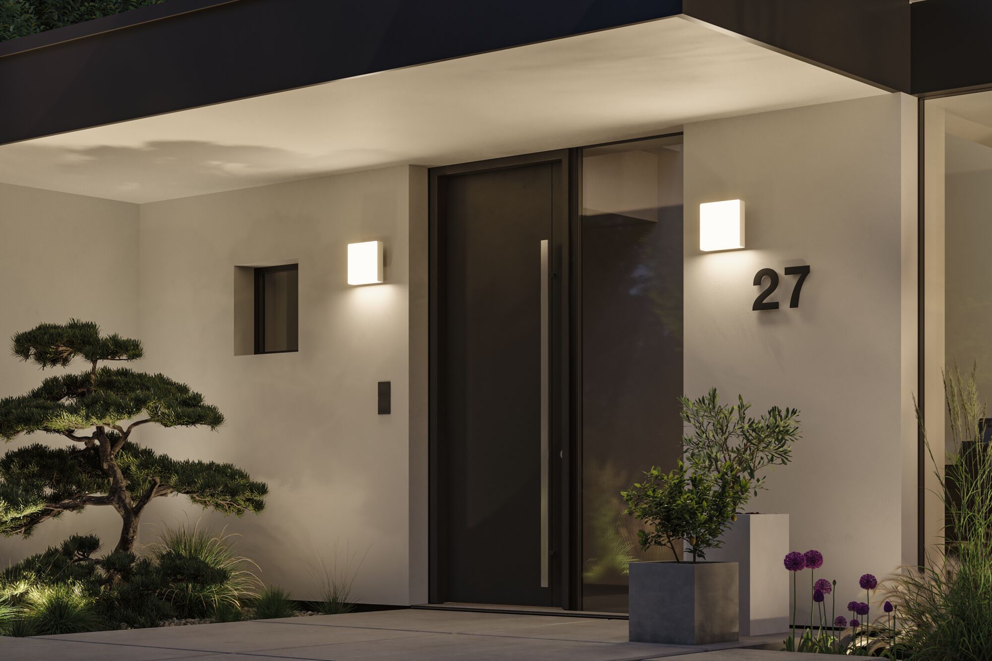 Modern white glass outdoor wall lights at entrance with black door and house number 27 illuminating the area.