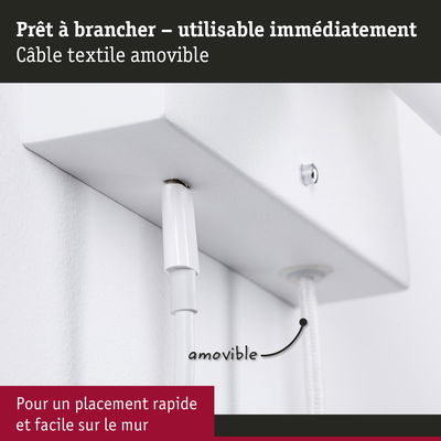 Connecteur mural blanc avec câble textile amovible pour une installation rapide et facile