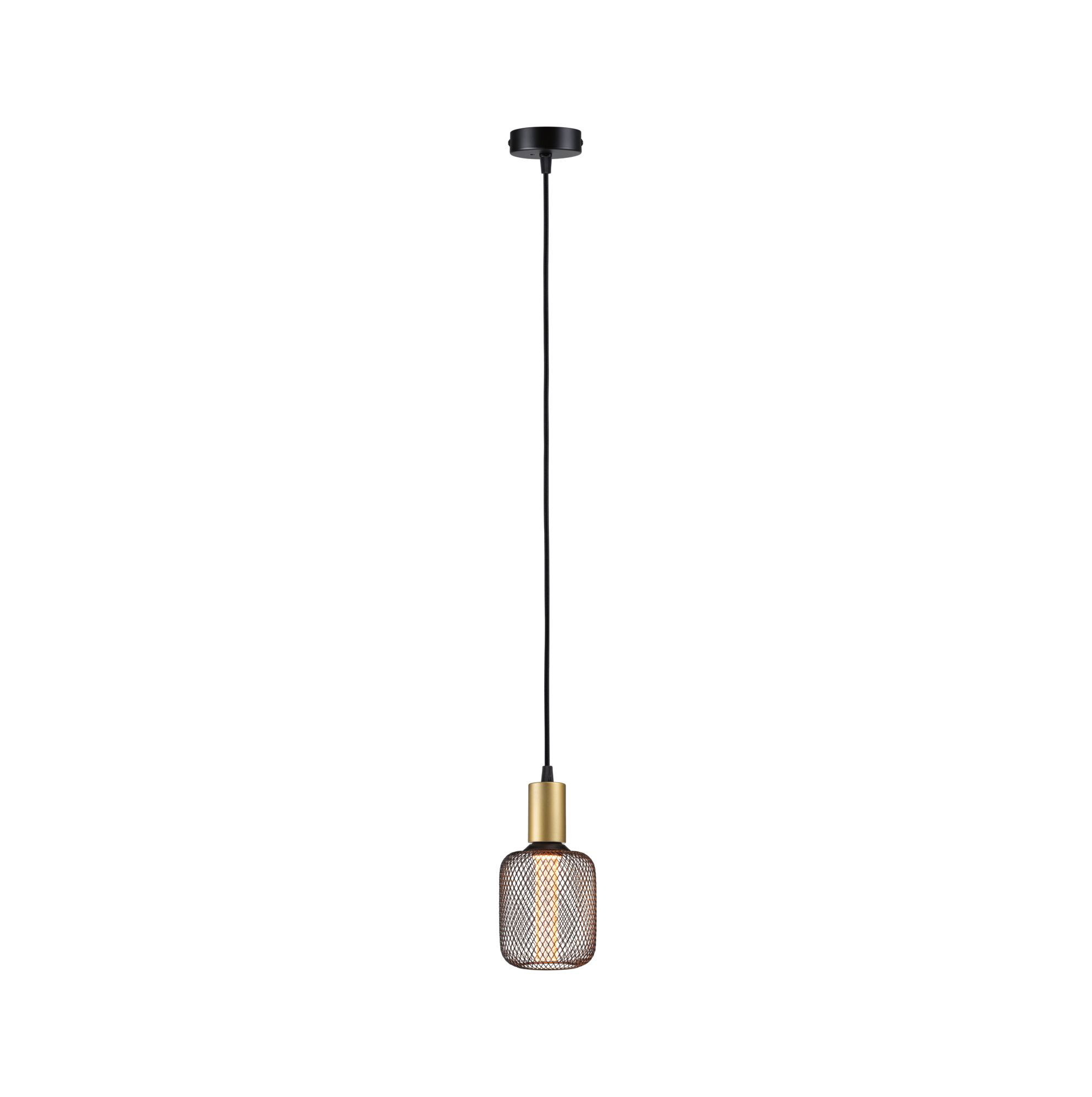 Modern pendant light with black cord, gold holder, and brown metal mesh lampshade for interior lighting