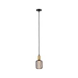 Modern pendant light with black cord, gold holder, and brown metal mesh lampshade for interior lighting