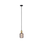 Modern pendant light with black cord, gold holder, and brown metal mesh lampshade for interior lighting