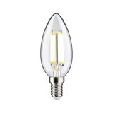 Clear LED candle bulb with E14 base and visible light filaments for energy-efficient lighting