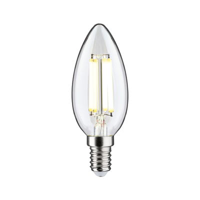 Clear LED candle bulb with E14 base and visible light filaments for energy-efficient lighting