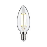 Clear LED candle bulb with E14 base and visible light filaments for energy-efficient lighting