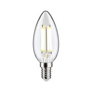 Clear LED candle bulb with E14 base and visible light filaments for energy-efficient lighting