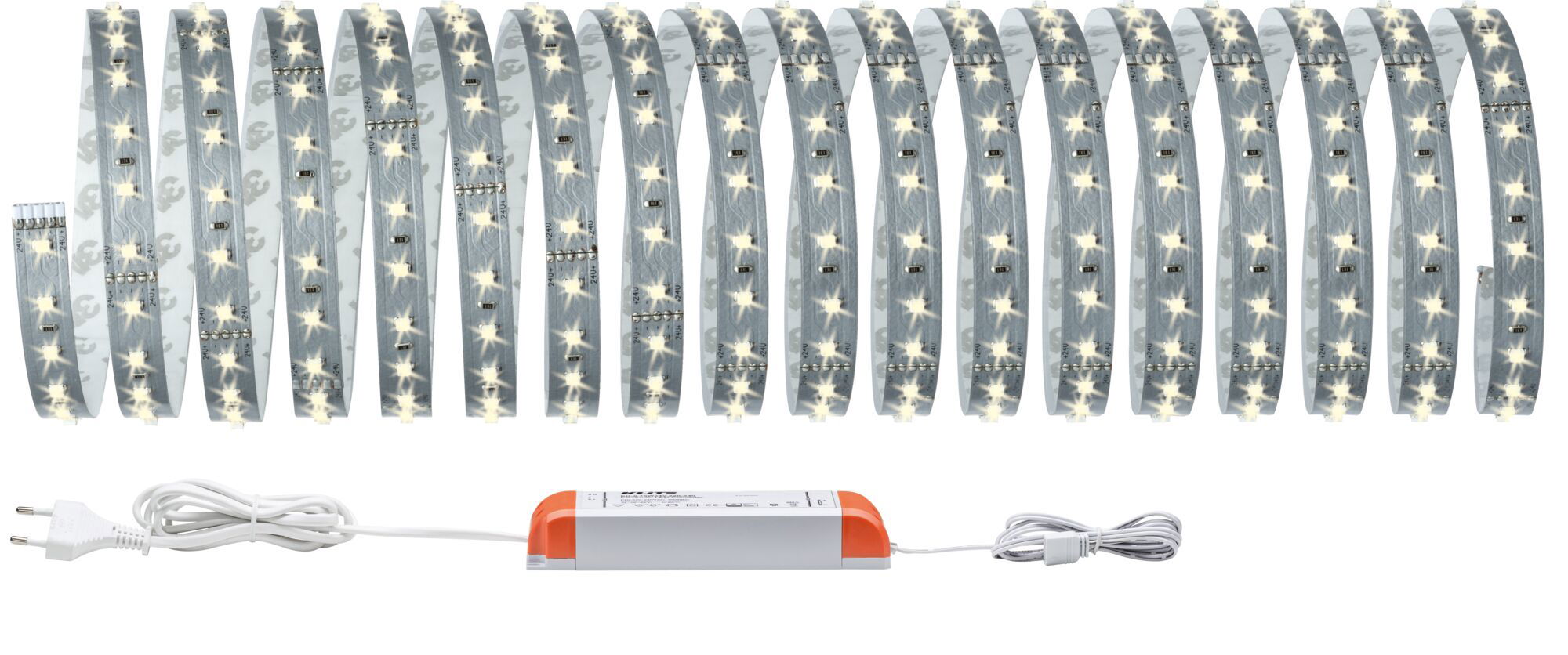 Bande LED flexible blanche avec alimentation pour éclairage d’intérieur moderne et décoration.