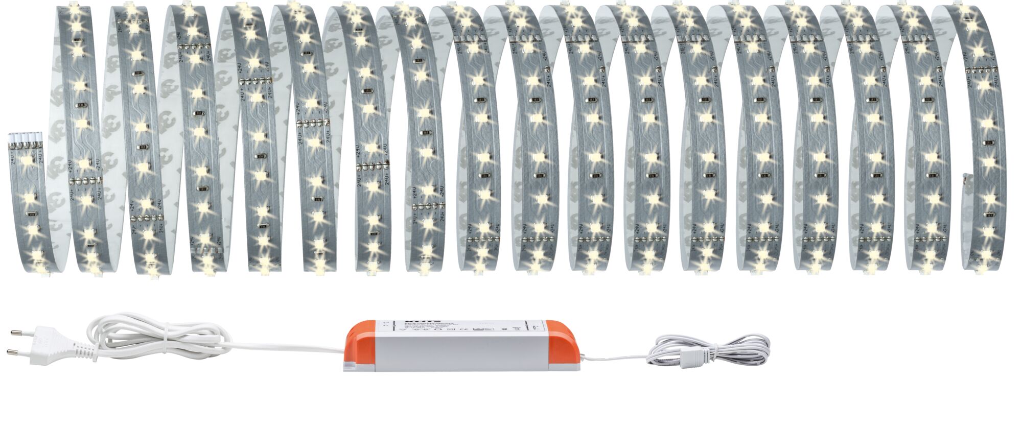 Flexible white LED strip light with power supply for modern room lighting and decoration.