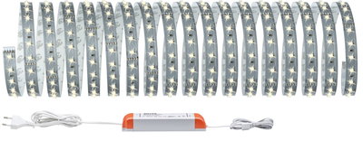 Flexible white LED strip light with power supply for modern room lighting and decoration.