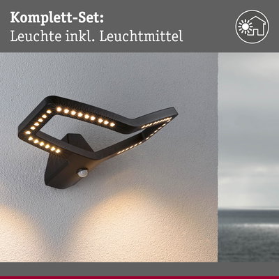 Moderne schwarze LED-Außenwandleuchte mit Bewegungsmelder und warmweißem Licht für Hauswandbeleuchtung