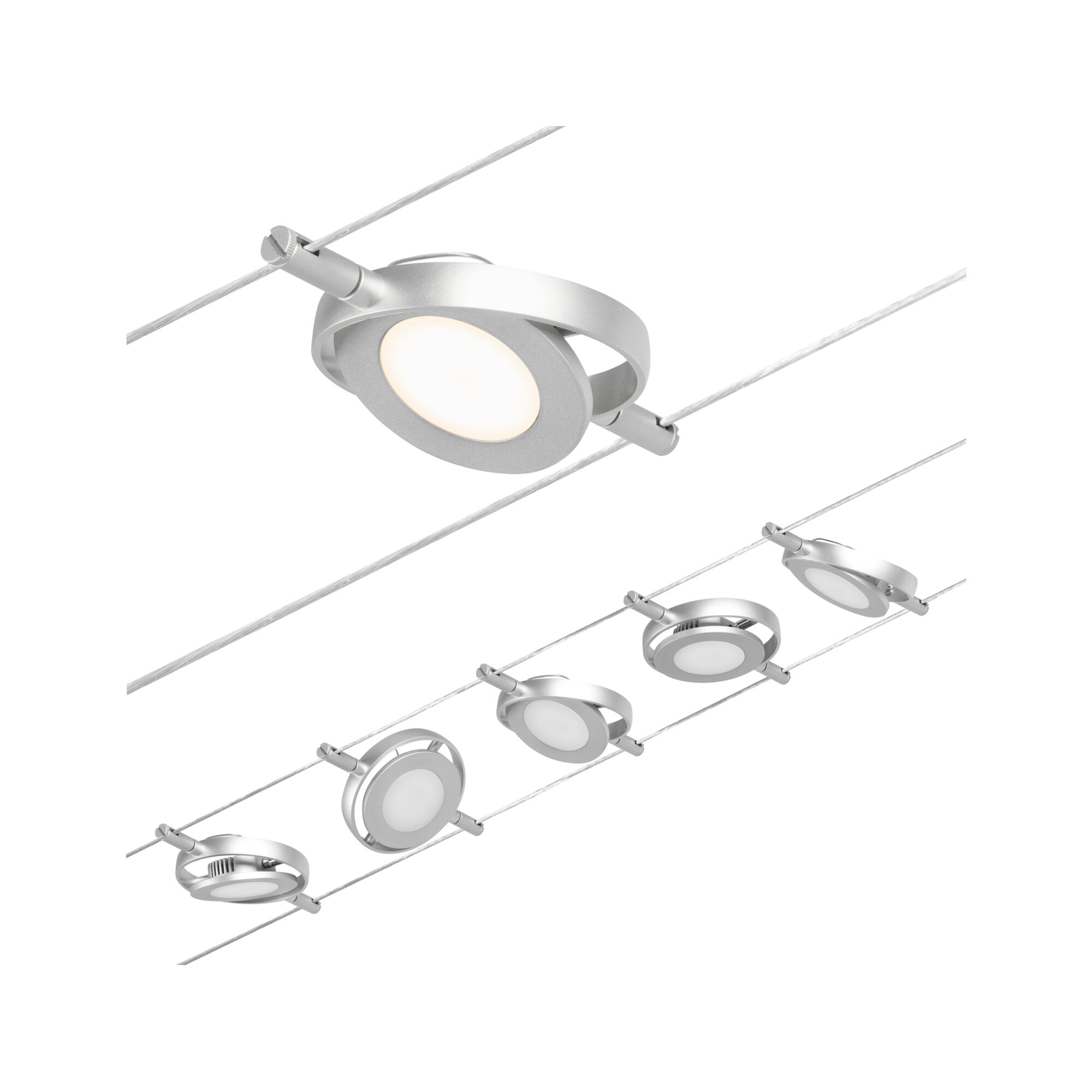 Modern silver aluminum LED cable spotlights with warm white light for flexible room lighting
