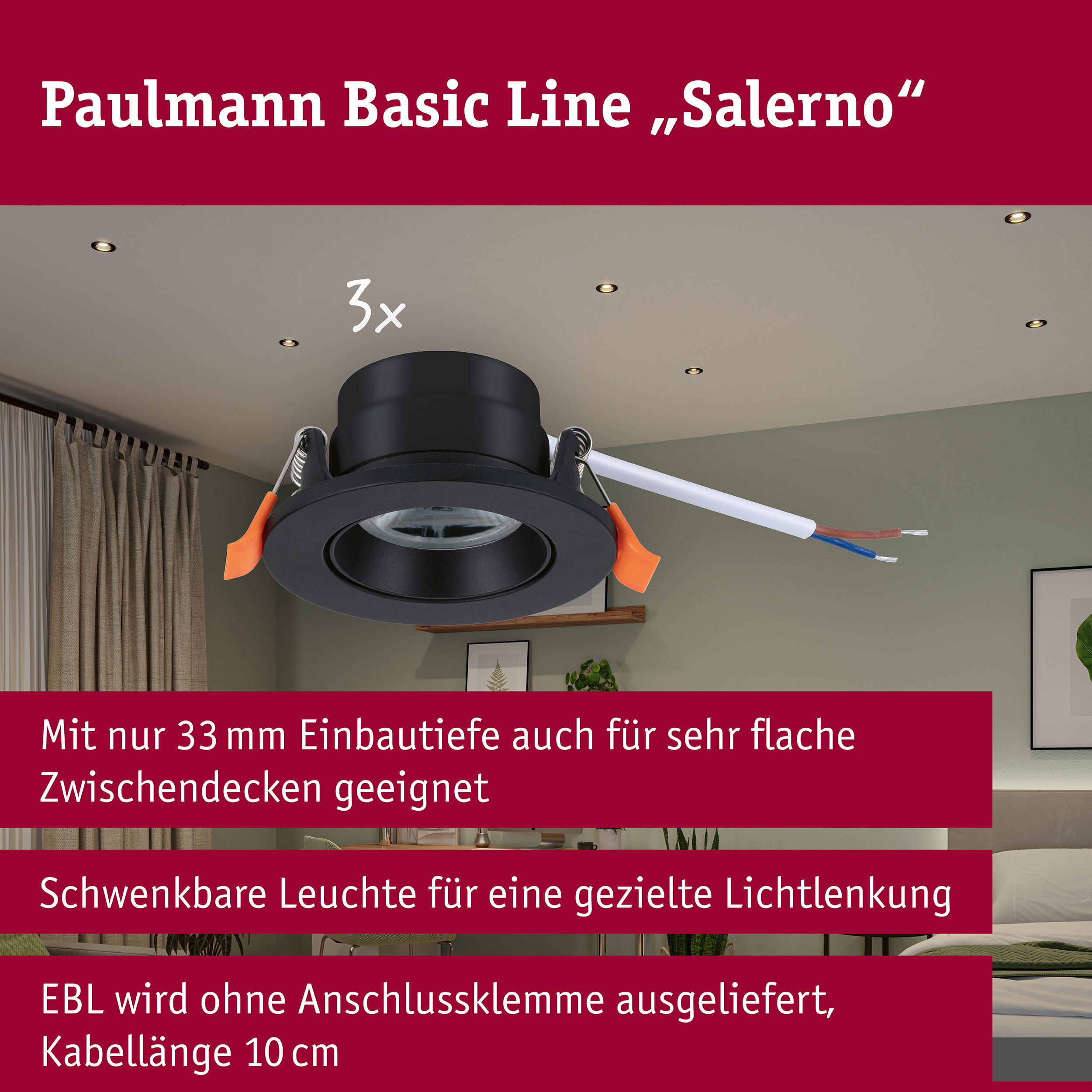 LED Einbauleuchte Salerno 4000K 67mm 3x204lm 3x2,9W Schwarz matt